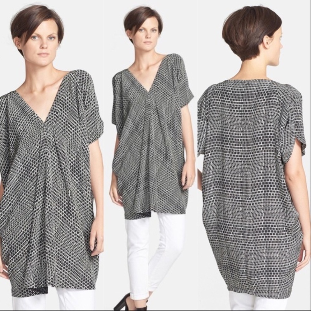 Vince Black White Ladder Print V-Neck Silk Tunic
